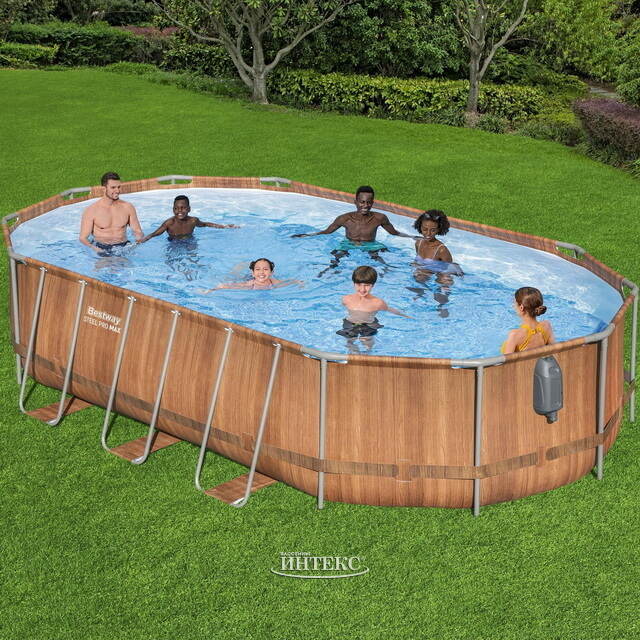 Каркасный овальный бассейн c гидромассажем Bestway Power Steel Spa 610*366*122 см коричневый, фильтр-насос, подсветка, аксессуары Bestway