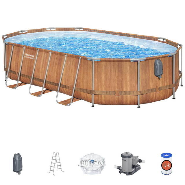 Каркасный овальный бассейн c гидромассажем Bestway Power Steel Spa 610*366*122 см коричневый, фильтр-насос, подсветка, аксессуары Bestway
