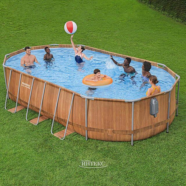 Каркасный овальный бассейн c гидромассажем Bestway Power Steel Spa 610*366*122 см коричневый, фильтр-насос, подсветка, аксессуары Bestway
