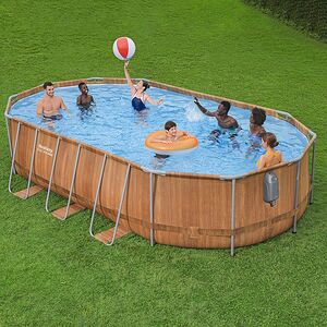 Каркасный овальный бассейн c гидромассажем Bestway Power Steel Spa 610*366*122 см коричневый, фильтр-насос, подсветка, аксессуары